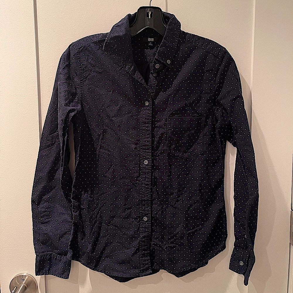 Navy blue with small white polka dots button down shirt from Uniqlo.